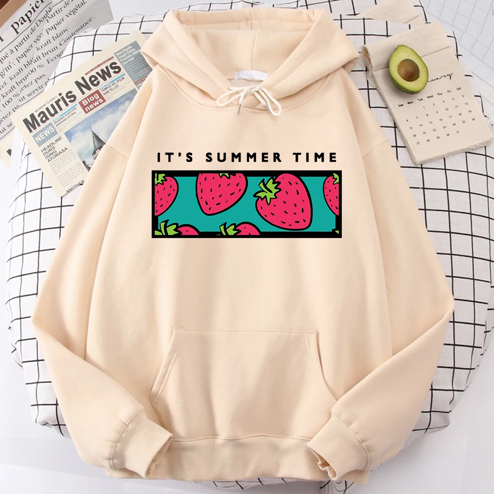 Hoody It'S Summer Time Strawberry Cartoon Man Hoodies Korean Style Harajuku Mens Sweatshirts Fleece Street Warm Long Sleeve