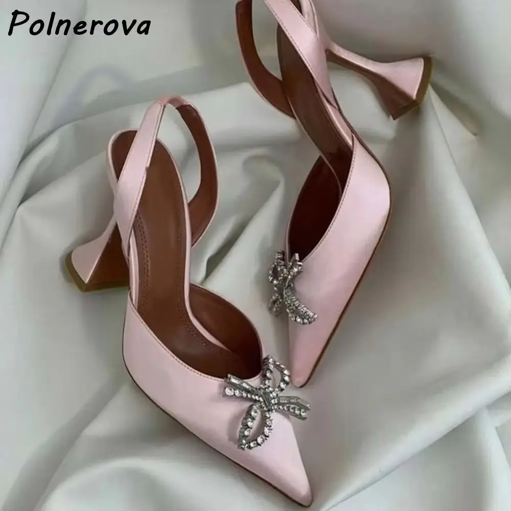 

Crystal Bow Slingback Heels Pumps Women Satin Pointed Toe Flared Heel Back Strap Sexy Shoes Bridal Wedding Evening Party Shoes