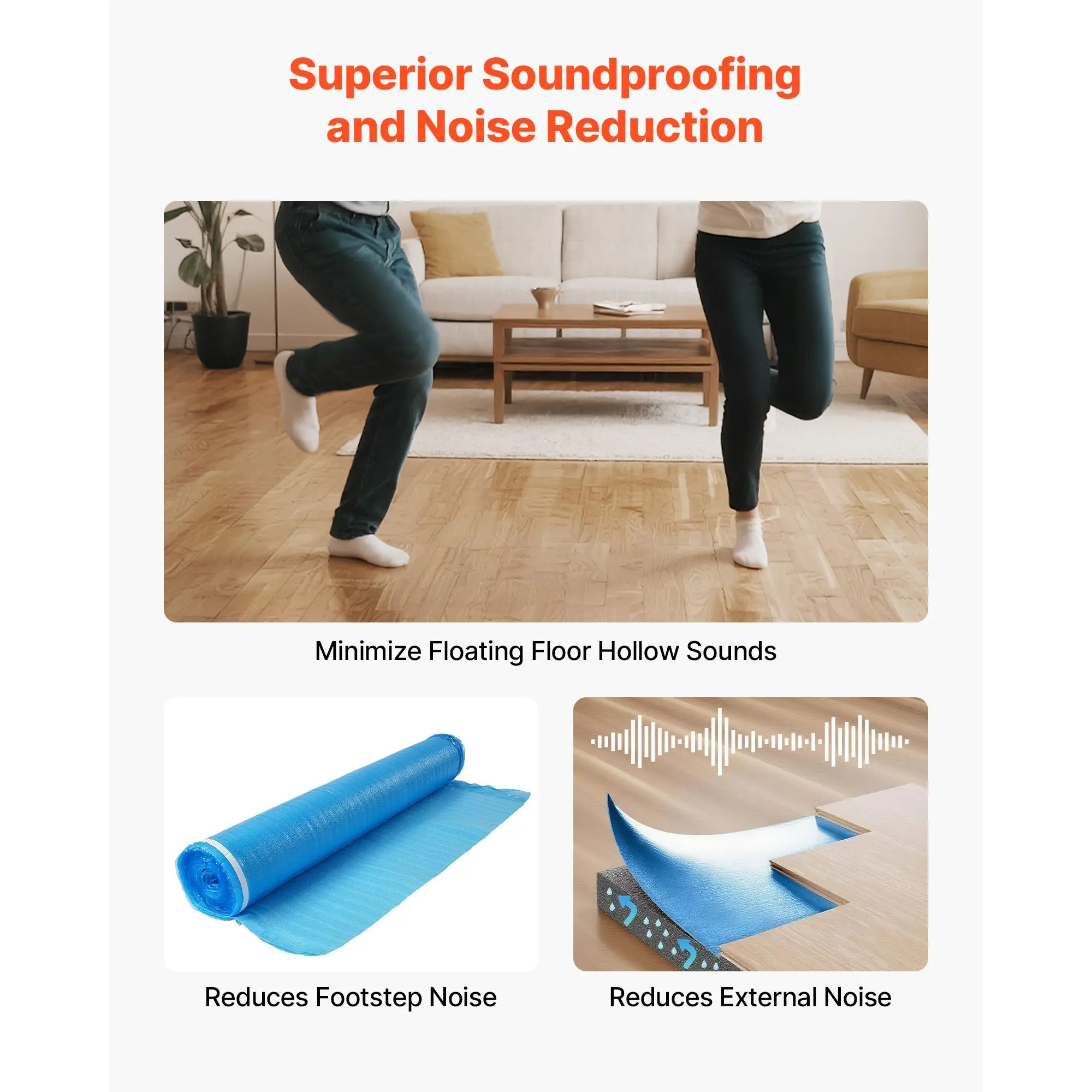 Base para Piso de 600 m² Alfombrilla de Aislamiento Acústico y Reducción de Ruido de Espuma EPE de Alta Resistencia, 3 en 1, 2 mm de Grosor, con Cinta y Barrera de Vapor, para Madera Laminada (6 Rollos x 100 m²) pies)