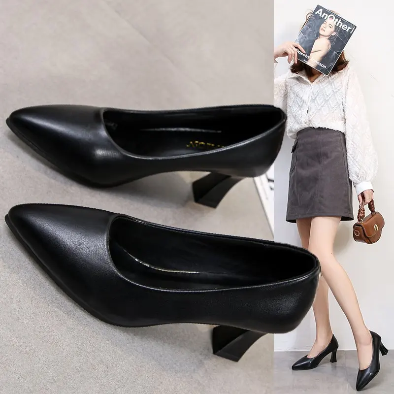 Women's Medium Heel Thick Pointed Shallow Mouth Set Foot Casual High Heels, Wome Spring And Autumn New Women's Single Shoes