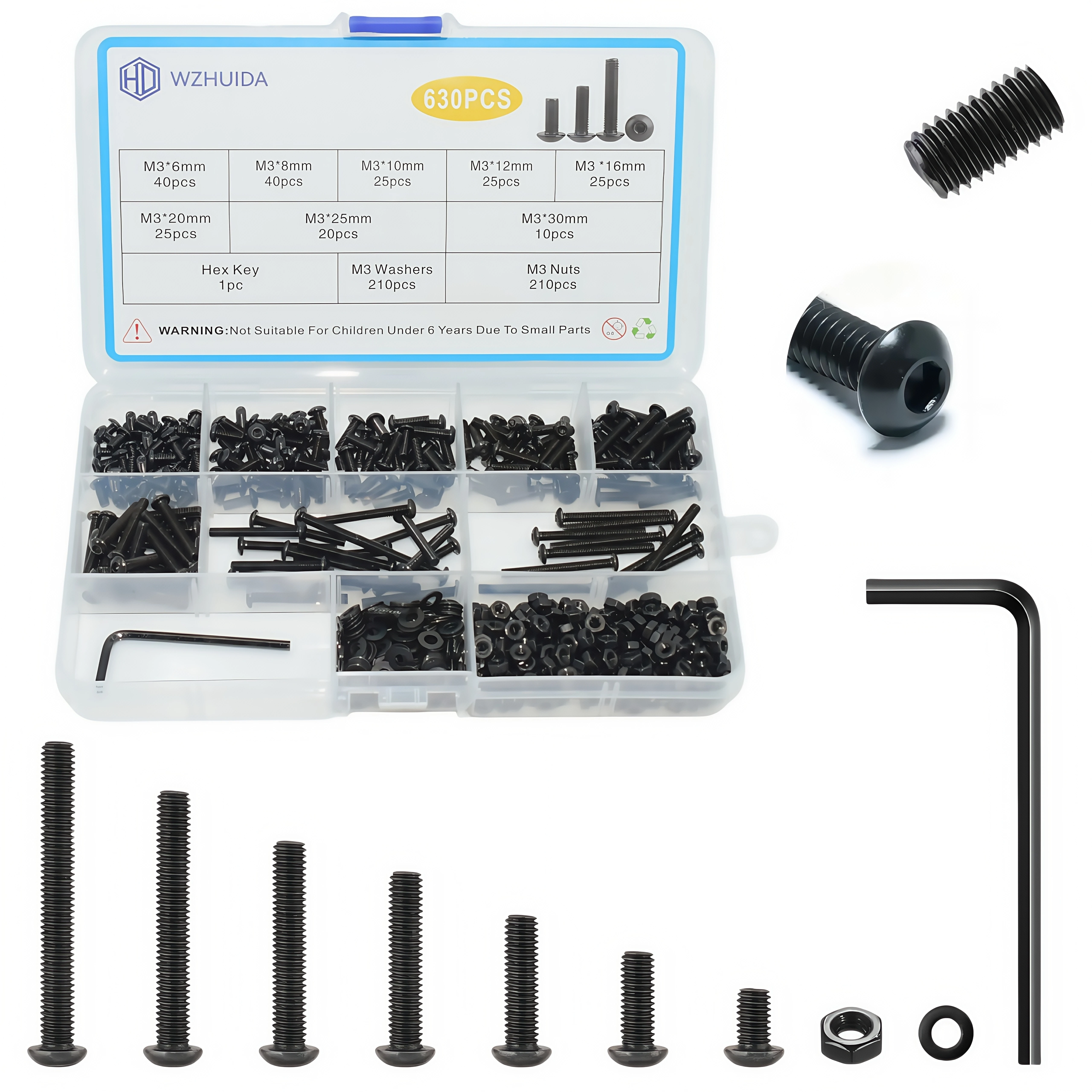 

630 Pcs M3 Screws Assortment Kit, Metric Hex Button Head Socket Cap Screws Nuts Washers Kit with Wrench, Black Zinc Plated