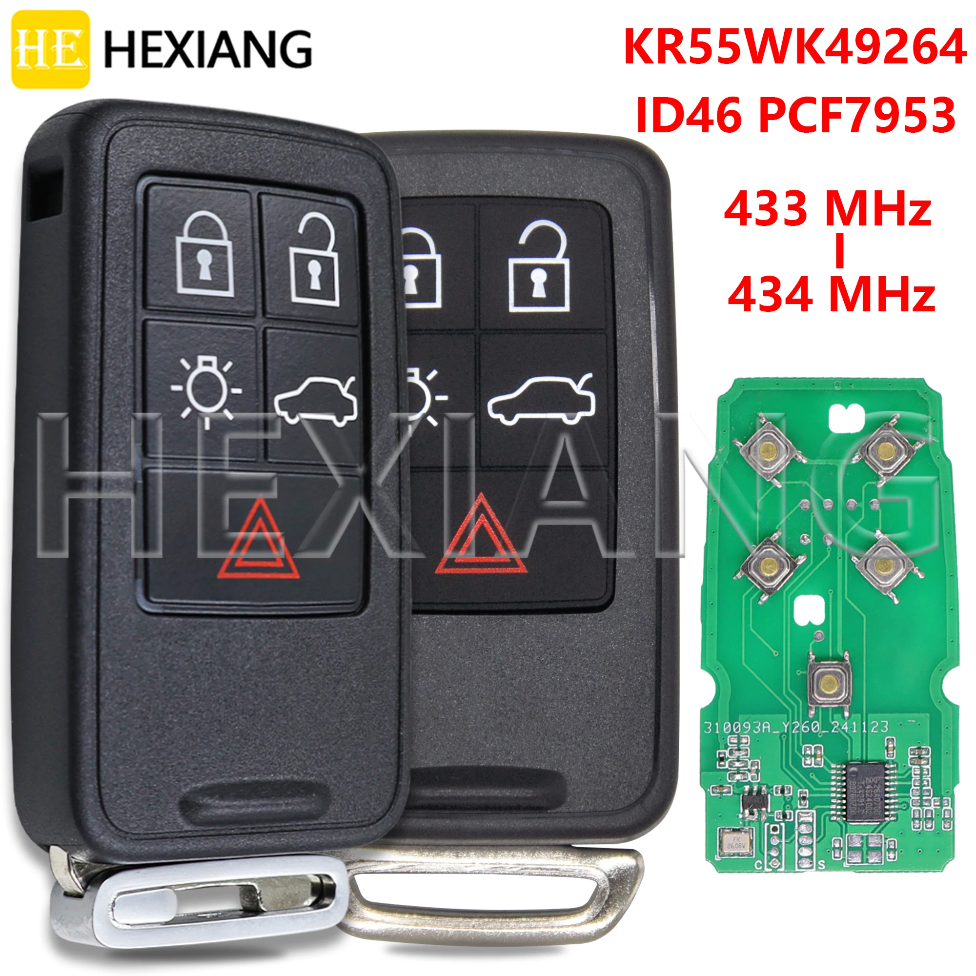 HE 433MHz ID46 PCF7953 Chip 5 Button Car Remote Key KR55WK49264 For Volvo S60 S60L V40 V60 XC60 XC70 S80 S90 XC90