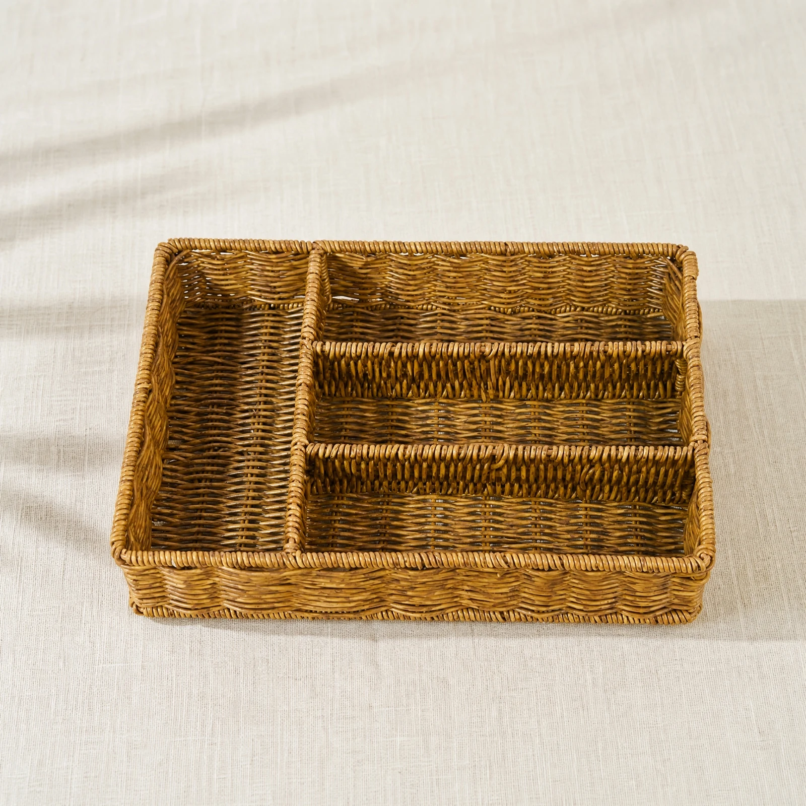 Rattan Divided Basket Easy to Clean Handwoven Rattan Storage Basket Slim Woven Drawer Organizer Compact Pastoral