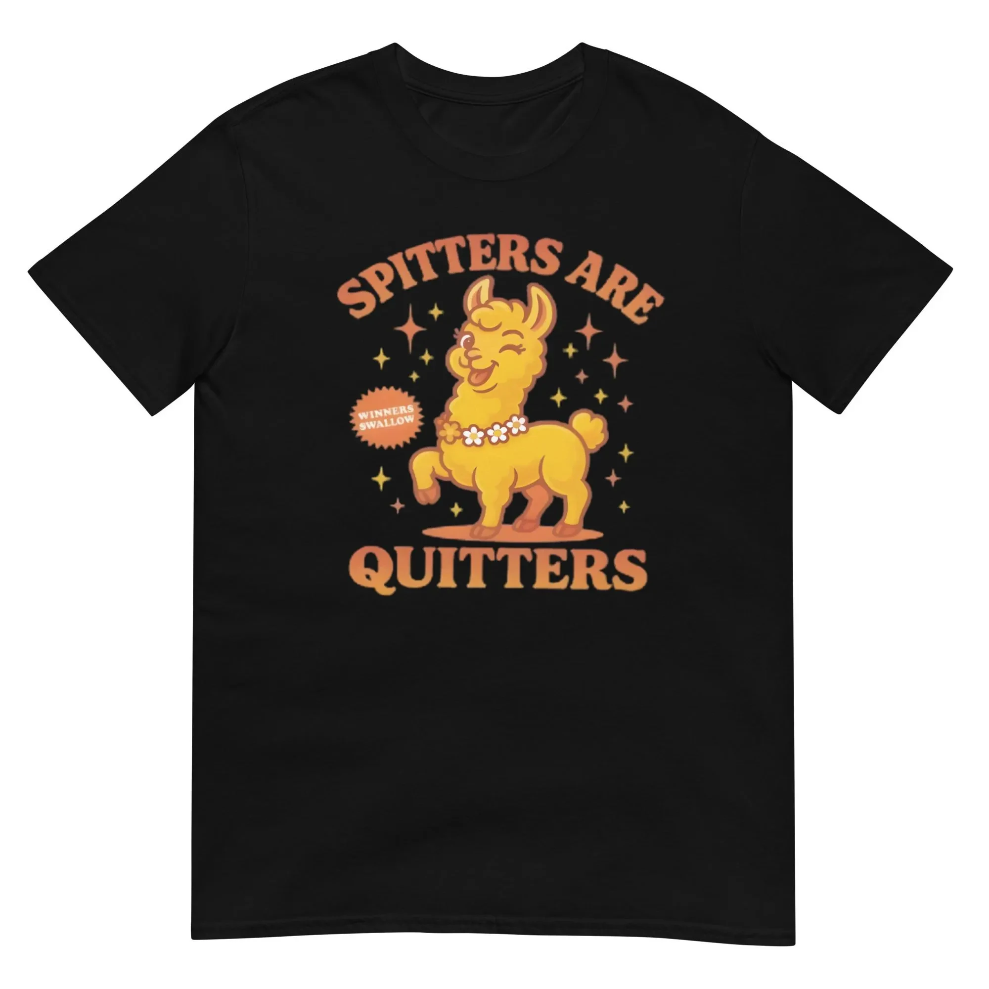 

Men's Black T-Shirt Yellow Llama Graphic SPITTERS ARE QUITTERS WINNERS SWALLOW Casual Short Sleeve Trendy Tee