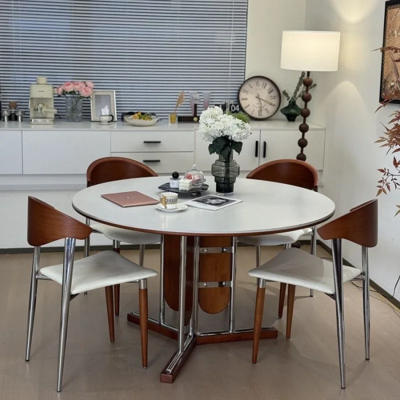 

French retro solid wood dining table round with turntable household wabi sand matte rock slab round table