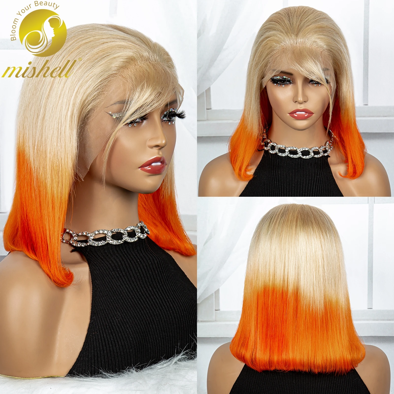 

200% Density Blonde Orange Color 13x4 Transparent Lace Frontal Wigs Short Straight Bob Wigs Remy Human Hair Wig For Black Women