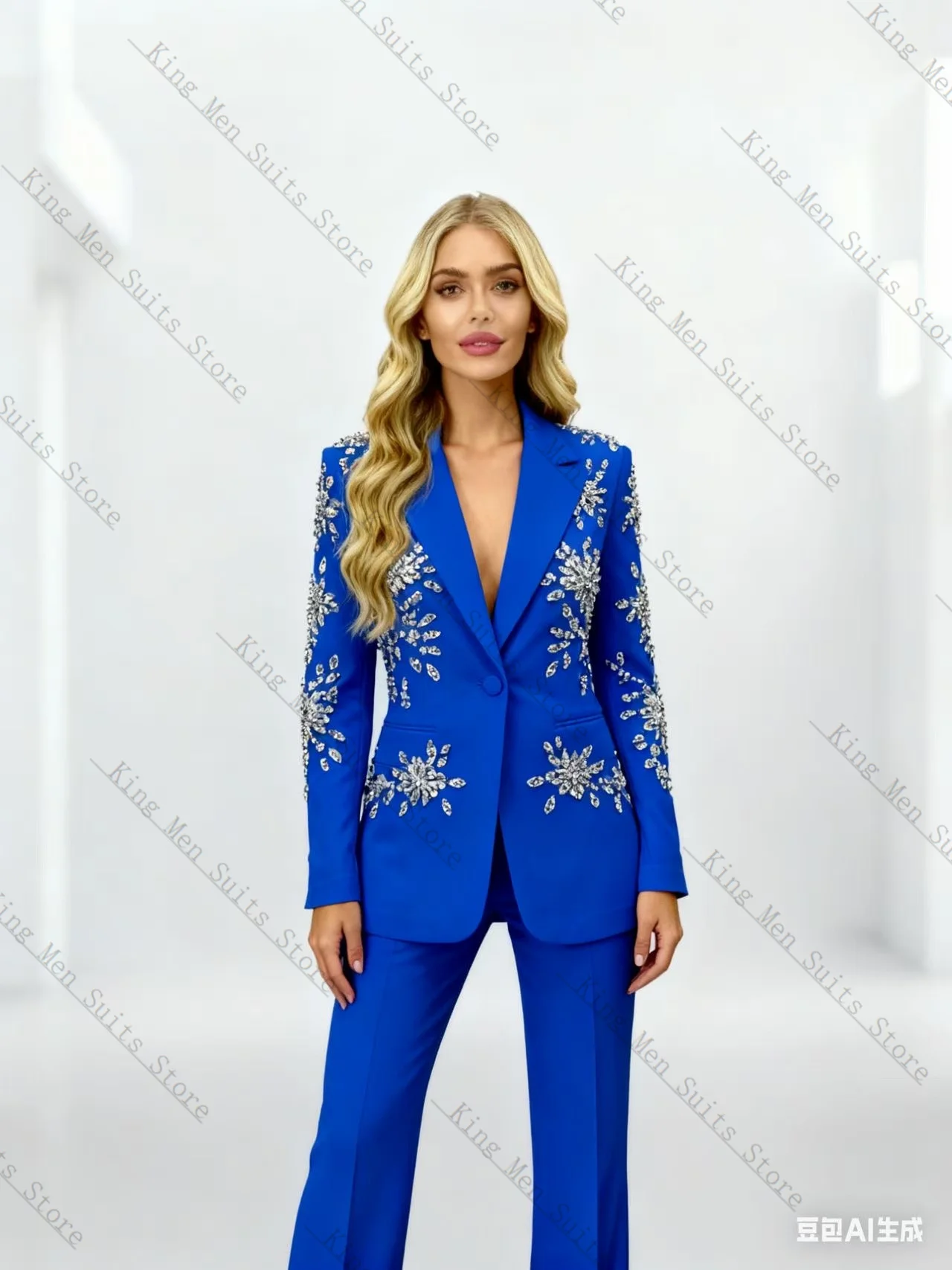 

Blue Women Suit Set 2 Pcs Blazer+Straight Pants Trousers Crystals Customized Formal Guest Wedding Tuxedos Party Coat Jacket