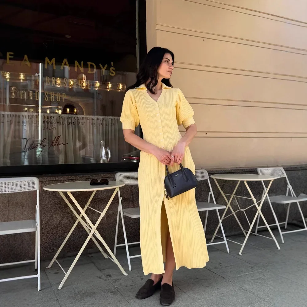 

2025 Womens All seasons Fashion Puff Sleeve Patchwork High Waist Maxi Dresses Slit Long Cardigan Knit Dress Street Casual Robes