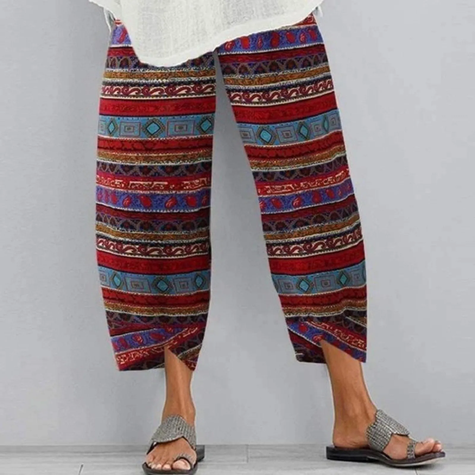 Women Summer Loose Cotton Linen Wide Leg Pants Vintage Printed Casual Harem Pants Ladies Cropped Pants Trousers pantalon femme