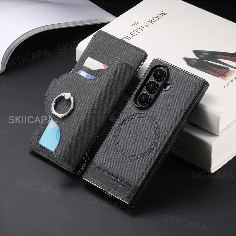 محفظة بسحاب غطاء مغناطيسي لهاتف سامسونج Z Fold 7 Fold6 Fold5 Fold4 Fold3 Magsafe 2 في 1 حامل جلدي قابل للطي حقيبة الهاتف
