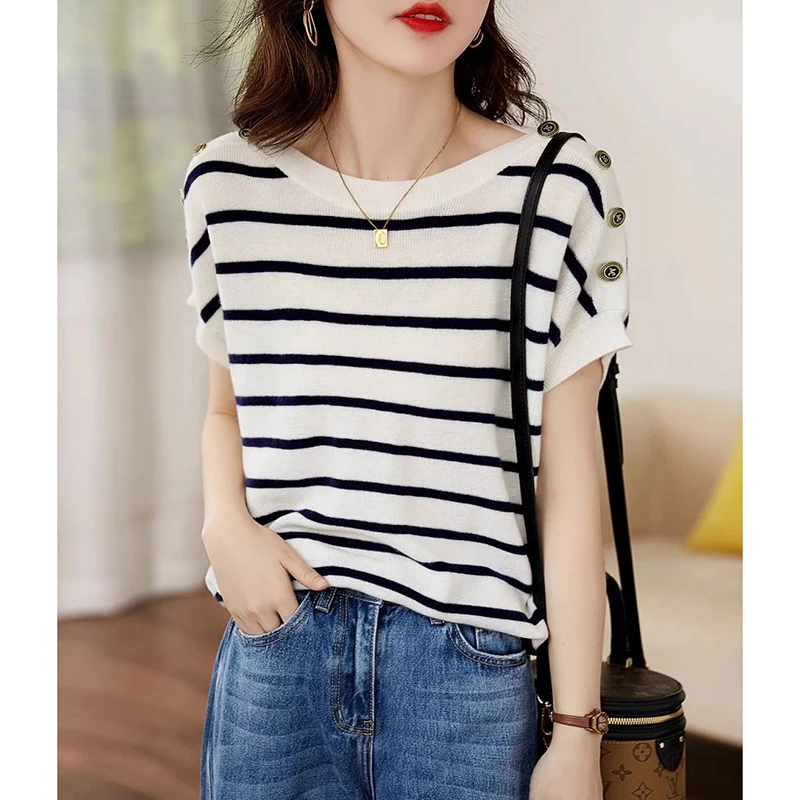 Fashion O-Neck Button Knitted Short Sleeve Striped T-Shirts Women Clothing 2024 Summer New Loose Casual Tops Commuter Tee Shirt