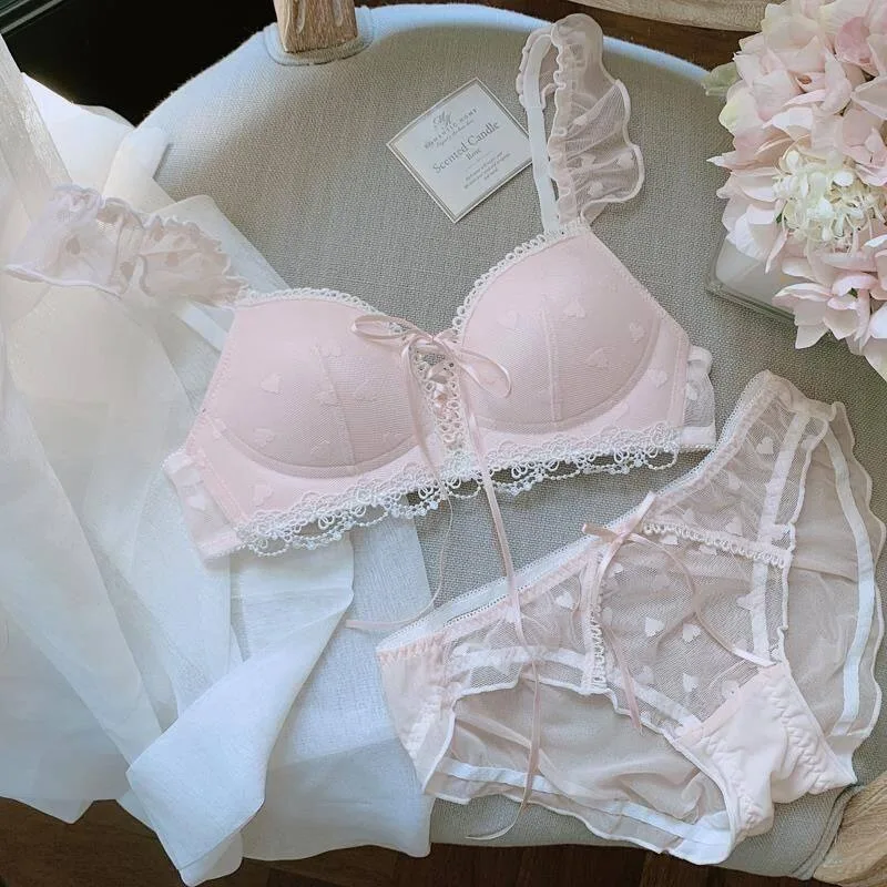 

Student Sweet Beautiful Woman Underwear Set Soft Sister Cute No Steel Rim Girl Bra Gather Small Chest Lace Strap Thin S-XL 32-38