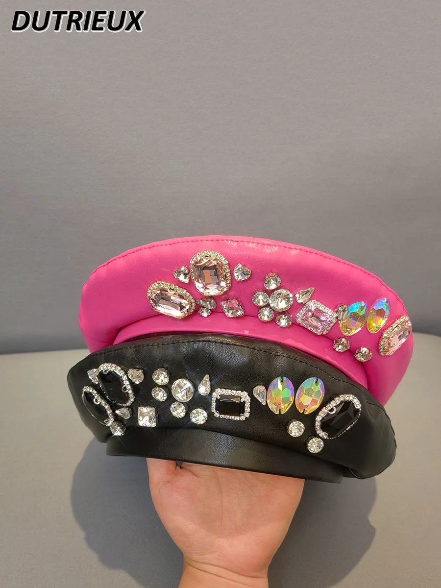 2023 New Rhinestone Beret Sweet Pink PU Leather Painter Cap South Korean Girl\'s Team Fashion Flat-Top Hat for Autumn and Winter