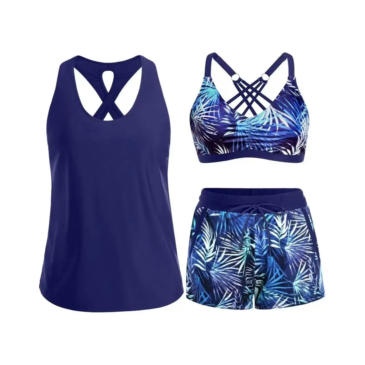 Women Palm Leaf Print 3 Piece Tank Bikini Set Criss Cross Back Top Drawstring Boyshort Swimsuits Bathing Suits Beach Swimwear