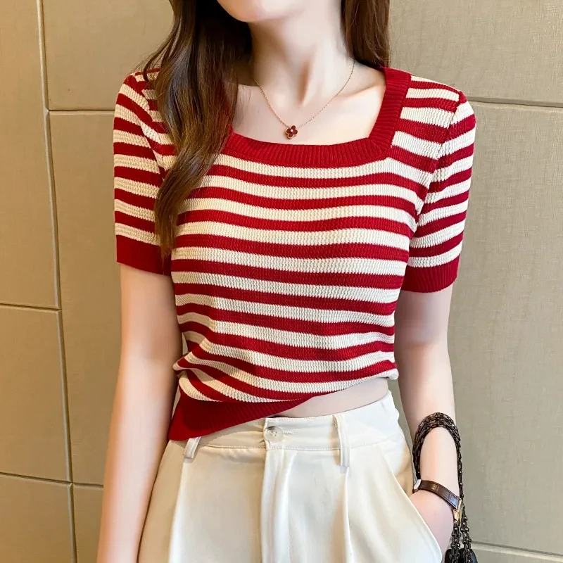 Summer Women harajuku Striped Tshirt short Sleeve Square collar T-Shirts Korean Casual Thin knit T Shirt Femme Short Tops