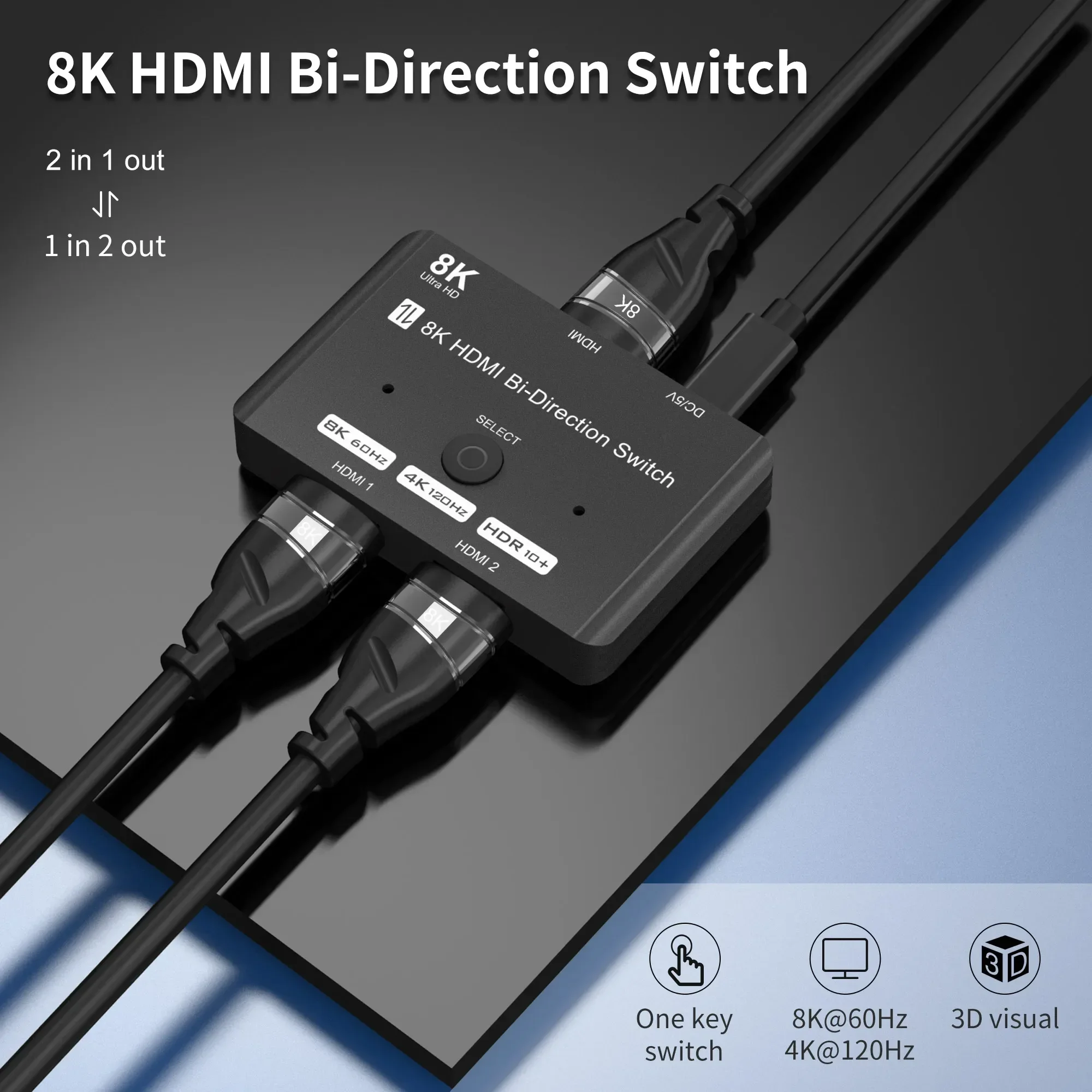 Commutateur de répartiteur bidirectionnel HDMI 2.1, commutateur HDMI 2 en 1/1, commutateur HDMI 2 en 2 sorties, 8K à 60Hz, 4K à 120Hz pour PS5, Xbox Series, moniteur HDTV