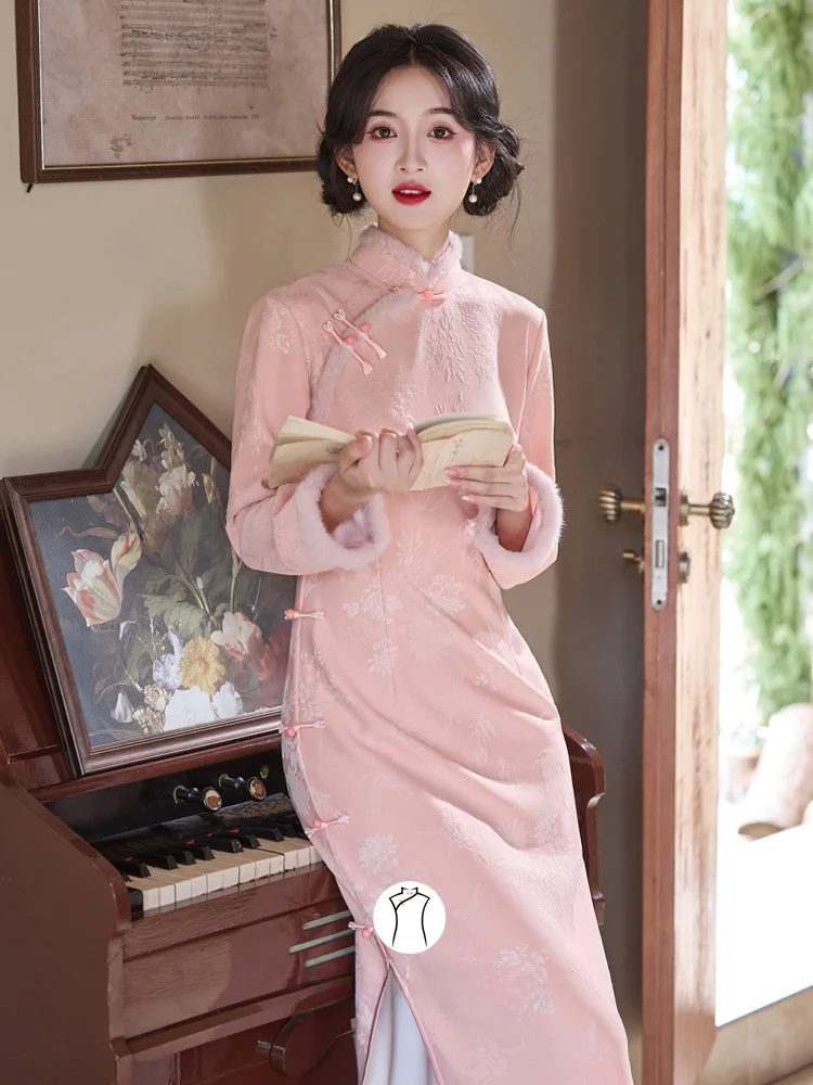 

Розовое бархатное длинное Ципао Dr Thiened Winter Sle Красивое модное китайское платье для молодых девушек с длинными подошвами