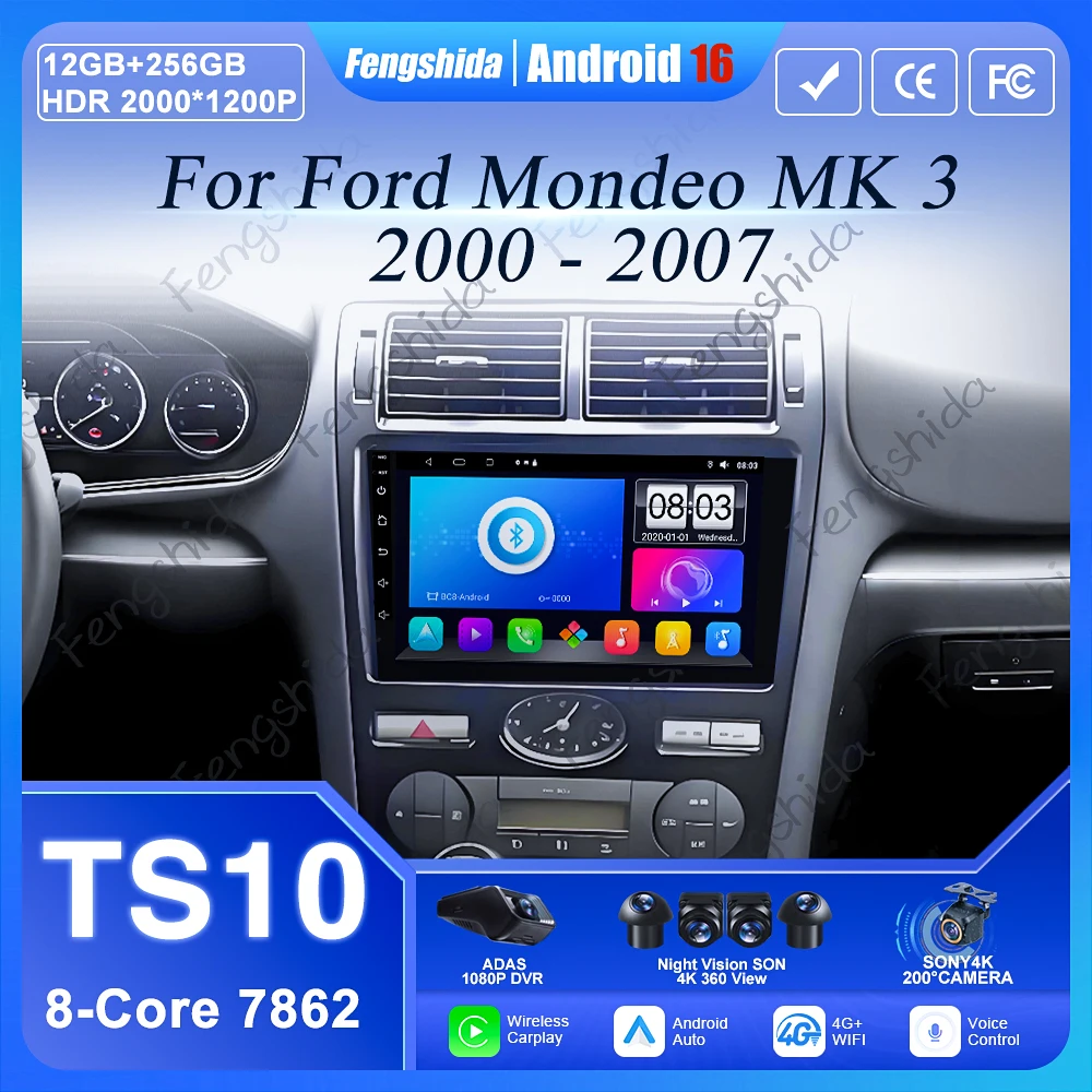 Android 16 Car Radio For Ford Mondeo MK 3 2000 2001 2002 2003 2004 2005-2007 Carplay Auto Navigation Intelligent Systems BT DVD