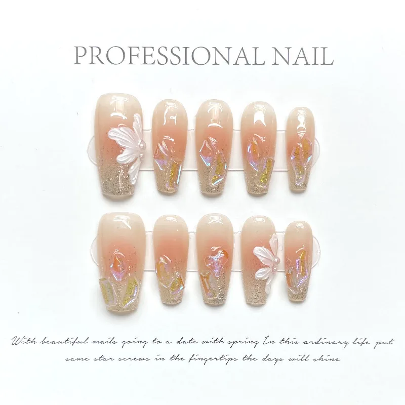 10pcs Elegant Handmade Press on Nail Nude with Glitter and 3D Petals Full Cover Daily Coffin Wearable Artificial False Nail