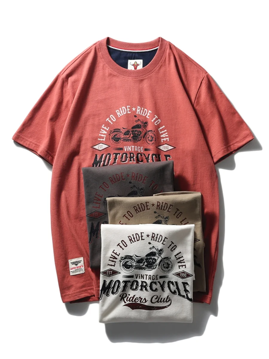 Футболка мужская хлопковая с принтом, Повседневная Базовая рубашка с рукавом до локтя, винтажный мотоциклетный Топ, лето 2024