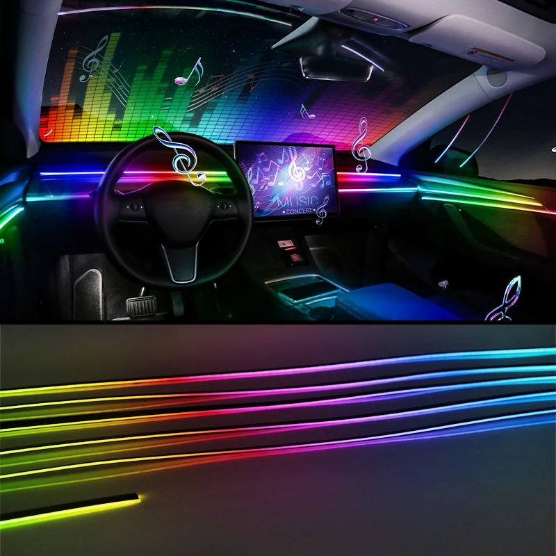 풀 컬러 스트리머 자동차 주변 조명, RGB 64 색, 범용 LED 인테리어, 숨겨진 아크릴 스트립, 심포니 분위기 램프