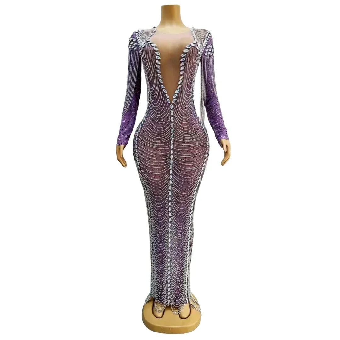 

Rhinestone Drill Chain Floor Length Dress For Women Evening Prom Wedding Dresses Singer Stage Performance Wear Drag Queen Outfit