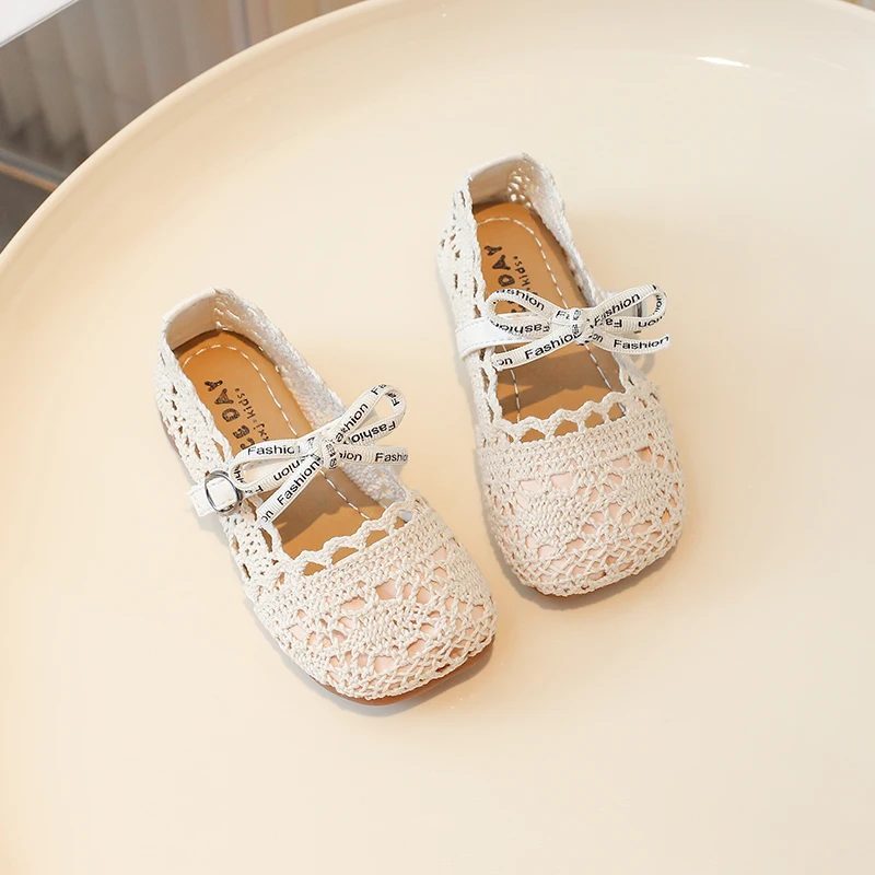 Girls Sandals Princess Style Cloth Shoes Child Chic Lace Casual Ballet Flats Cuts-Out Square Toe Sandal