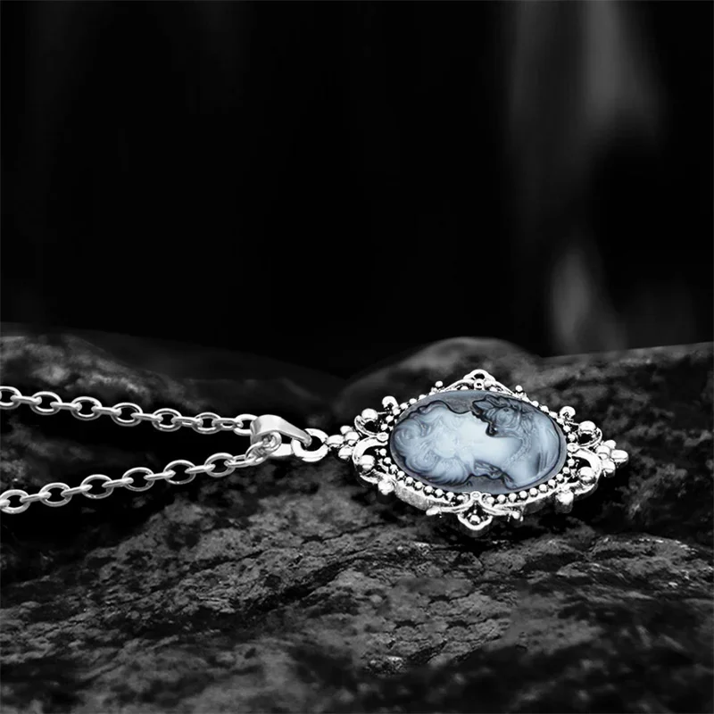 6 Colors Vintage Gray Pink Lady Queen Cameo Necklace For Women Antique Silver Plated Flower Pendant Fashion Cameo Chain Necklace