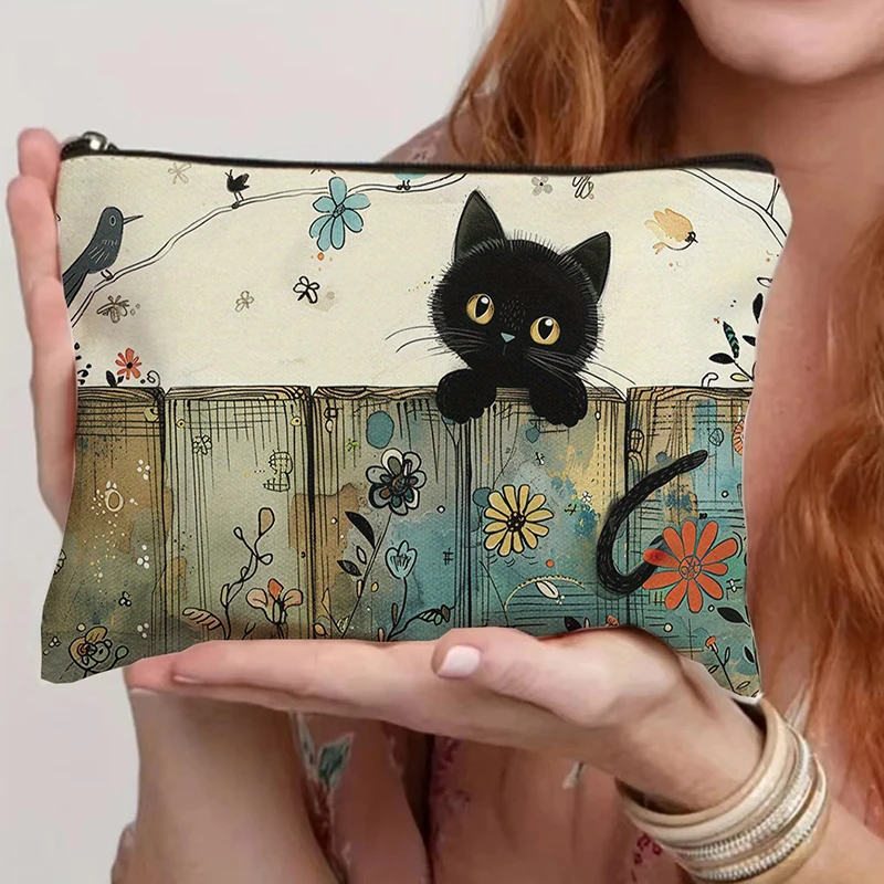 Black Cat Floral Zipper Pouch Durable Fade Resistant Makeup Purse for Women Travel Cosmetic Bag Gift Use