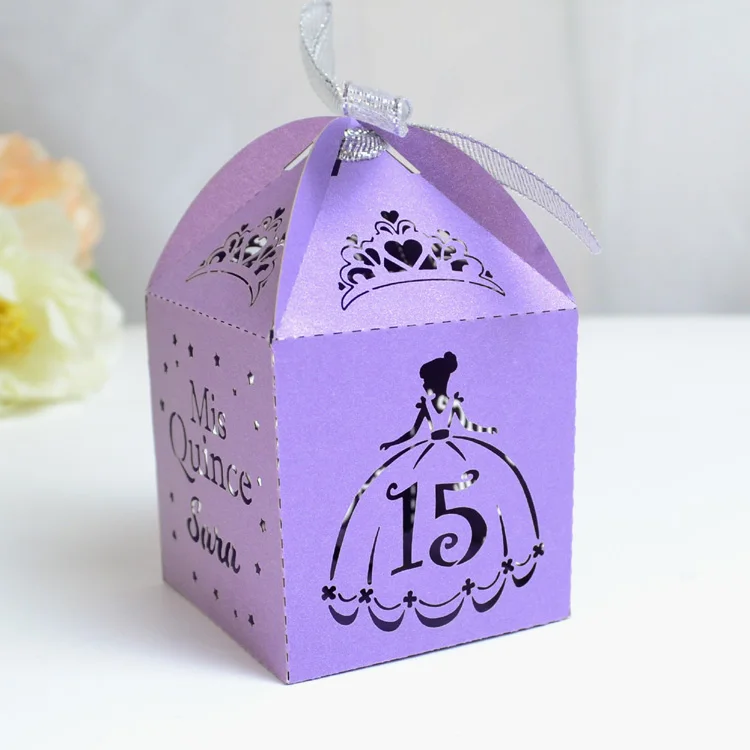 Sweet 15 quinceanera party supply birthday gift box personalized crown girl laser cut favor boxes