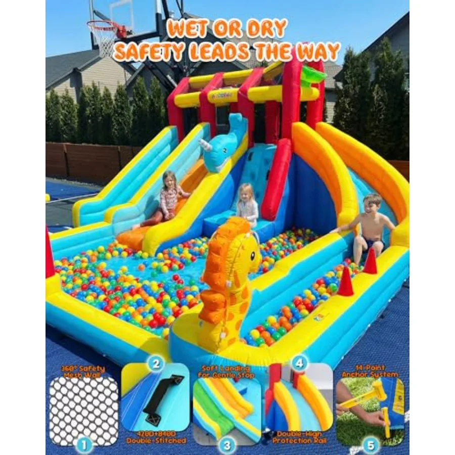 Backyard water slide park for kids: PVC inflatable ocean splash slide, blue and yellow, triple-lane design with deep pool, dump