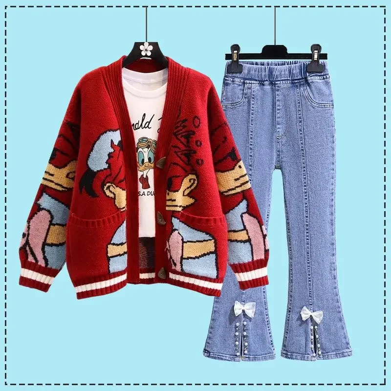 Donald Duck women's simple, fresh, sweet and cute cartoon pattern casual and comfortable knitted cardigan pants two-piece suit