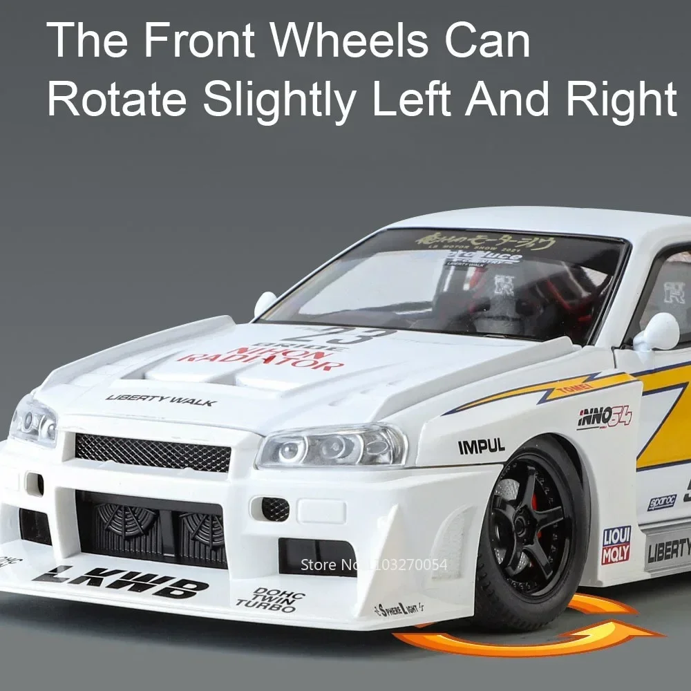 1:24 SKYLINE GTR S15 R34 Alloy Model Car Toy Diecast Sports Cars Doors Opened Sound Light Pull Back Vehices Home Decor Ornaments