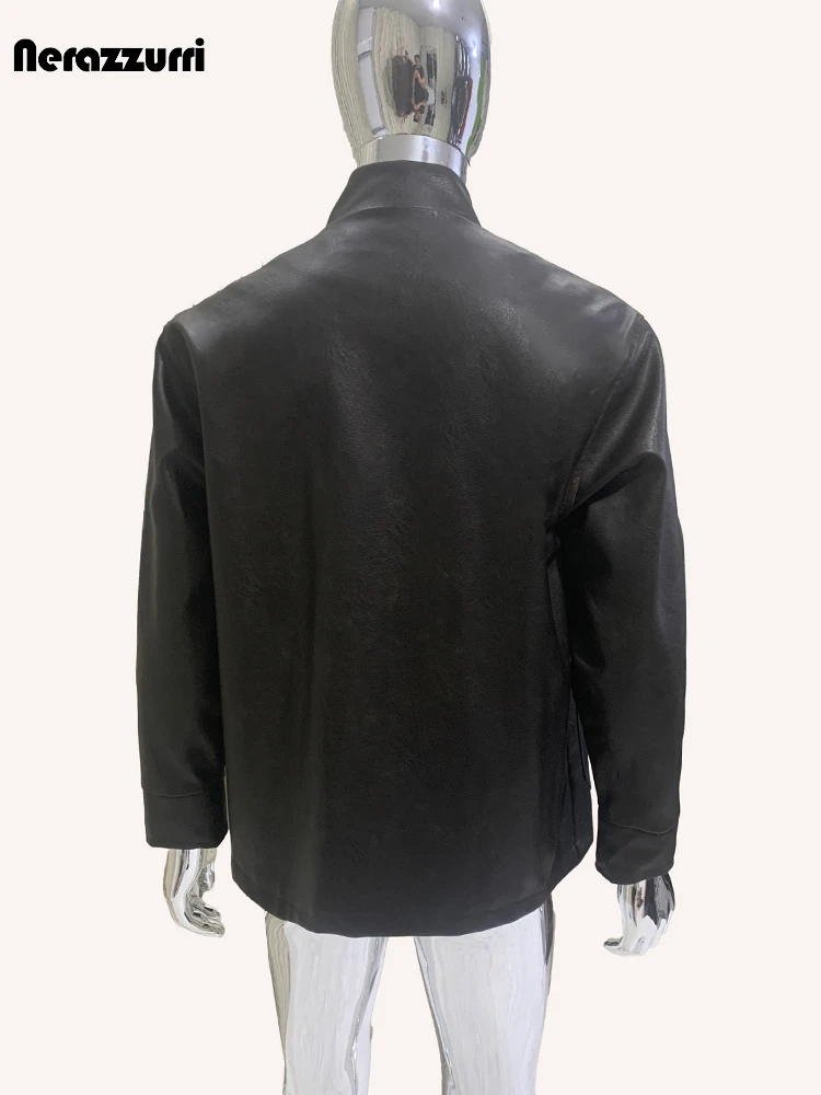 Nerazzurri-chaqueta de cuero Pu negro desgastado para hombre, chaqueta con bolsillos y cuello mandarín, ropa china elegante de lujo, primavera y otoño, 2024