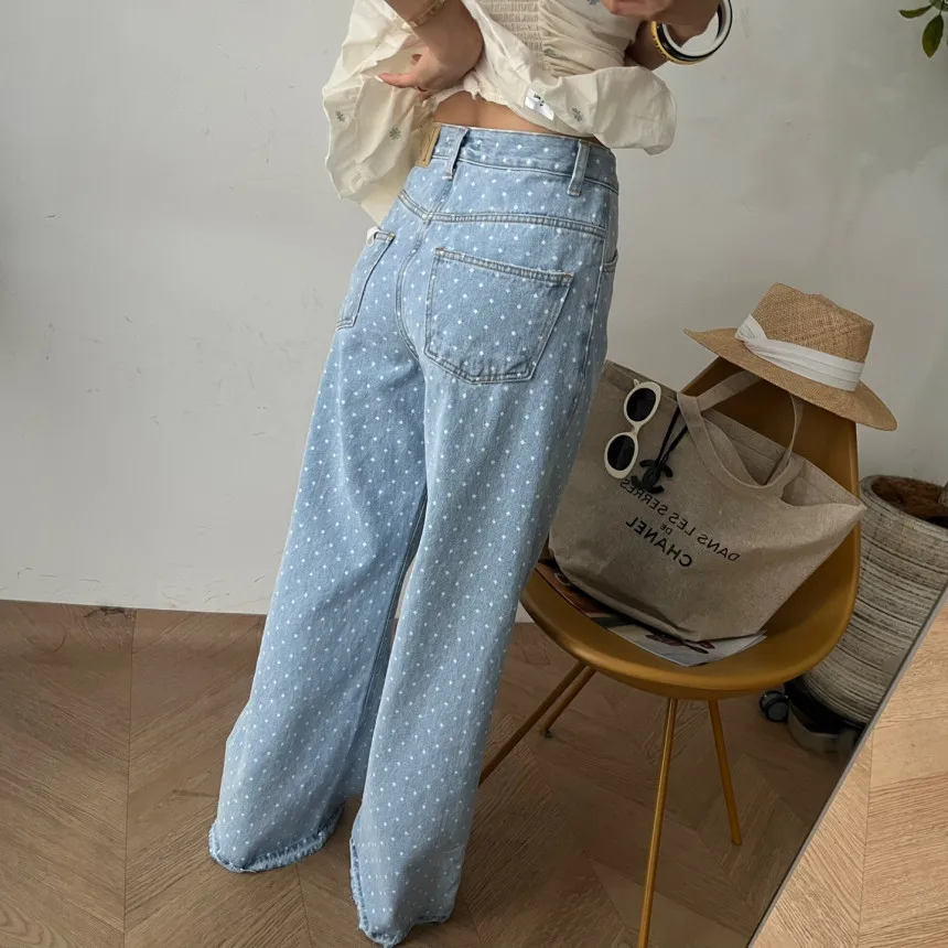 Vintage Blue Wide Leg Jeans Women Dot Printed Chic Korean Fashion Denim Pants Female High Waisted Loose Baggy Jeans Mom