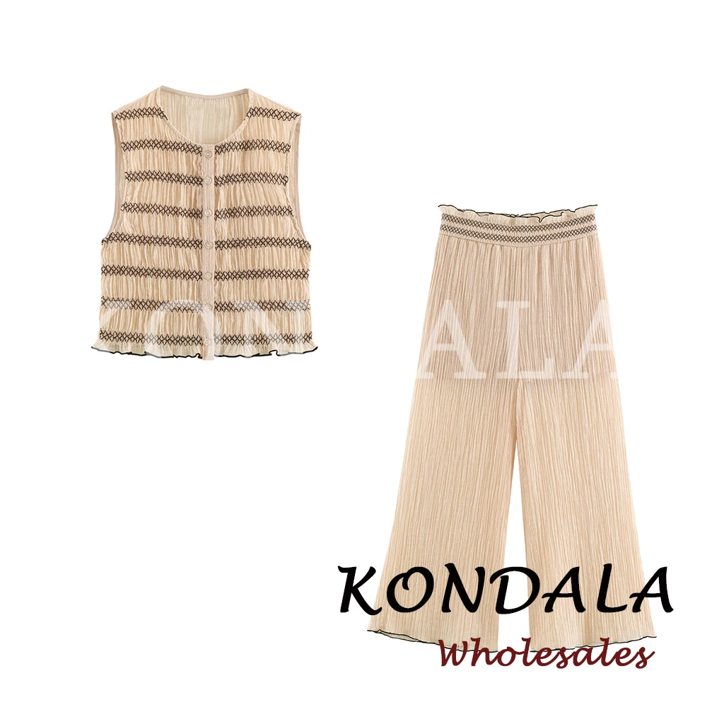 KONDALA Chic Women Summer Casual Khaki Striped Suit O-Neck Buttons Vest+ Elastic Waist Wide Leg Pants Fashion 2026 Vintage Suit