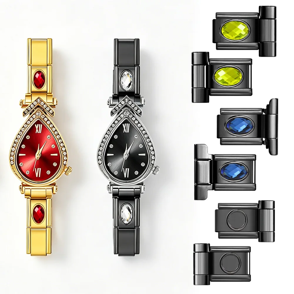 GEMOSA 9mm DIY Edelstahl Schwarze Serie Italienische Perlen Ovaler Zirkonia-Charm Uhrenarmband-Verbinder Schmuckgeschenke Mode – Detail 1