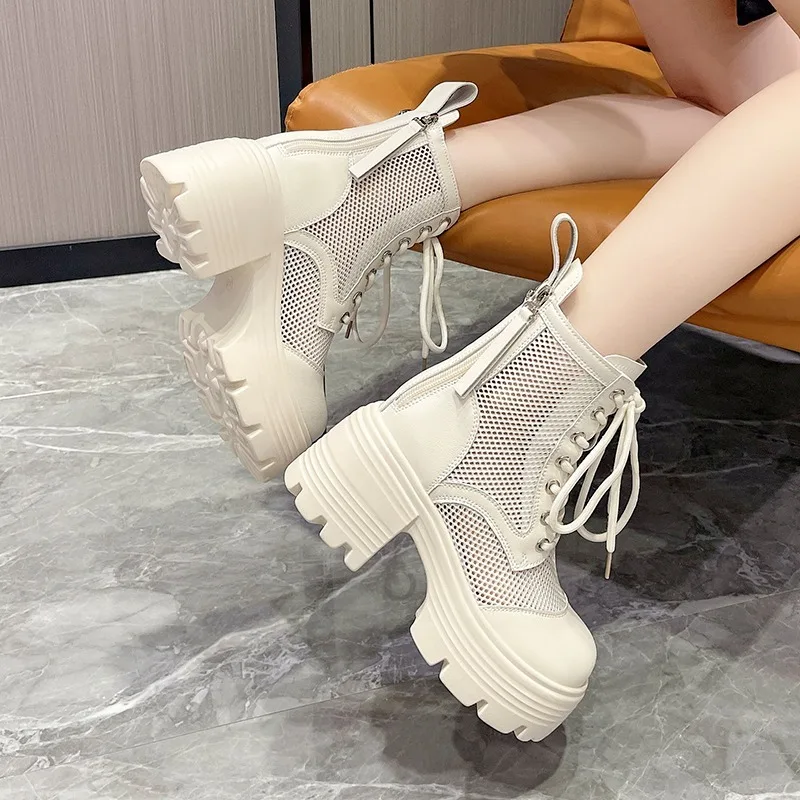 Summer New Sandals Boots Women Hollow Outs Net Boots Black Increasing Height Shoes pu Leather Sandals Breathable 8cm High Heels