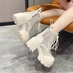 Summer New Sandals Boots Women Hollow Outs Net Boots Black Increasing Height Shoes pu Leather Sandals Breathable 8cm High Heels