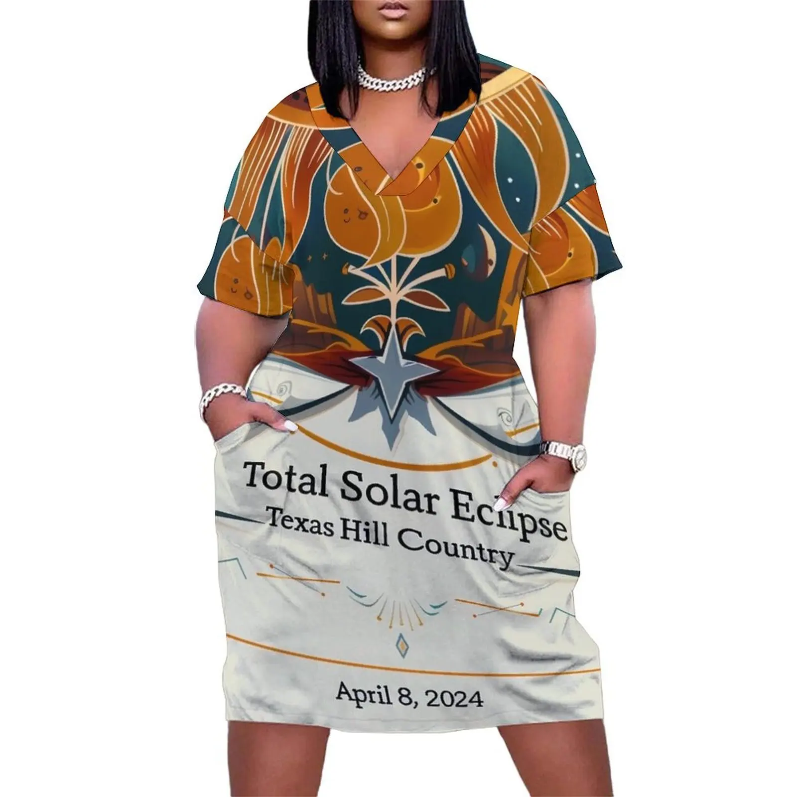 Eclipse Over Texas Hill Country: April 8, 2024 Solar Eclipse Poster Loose Pocket Dress Women