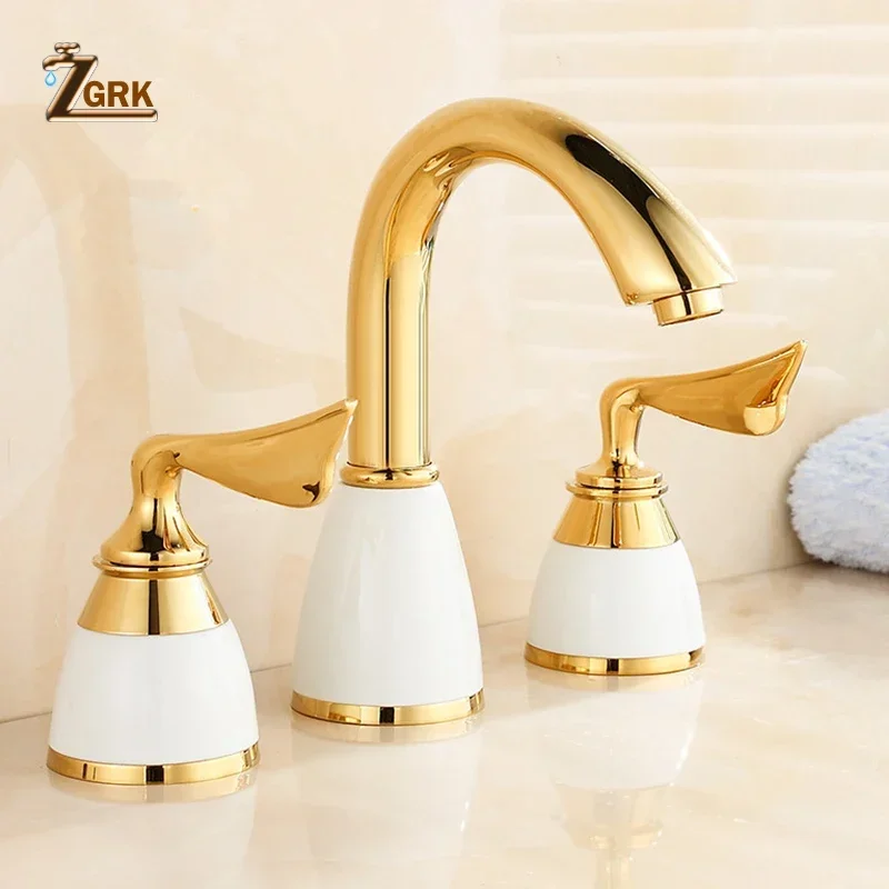 3 Piece Set Faucet Bathroom Deck Mounted Sink Mixer Tap 3 Hole Basin Faucet Set Solid Brass Faucet Golden Finish Water Tap