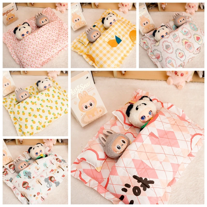 

Cute Double Sleeping Bag Bedding Set with Two Pillow for Idol Cotton Doll and 17cm Labubu Doll Playing House Toys Accessories
