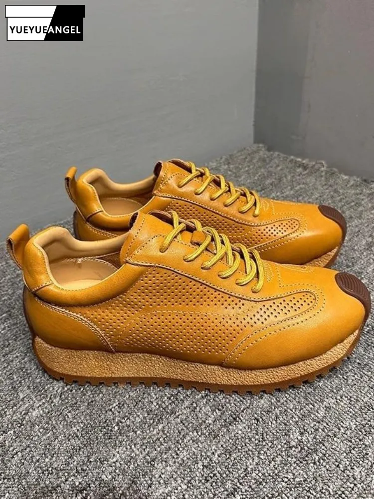 Summer Male Horsehide Breathable Thin Style Hollow Out Sneakers Leisure Fashion Lightweight Trend Lace Up Round Toe Casual Shoes