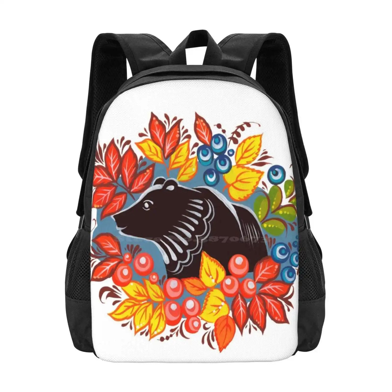 The Bear In Autumn Forest Backpack For Student School Laptop Travel Bag Bear Autumn Leaves Berries Ornamental Cute Red Orange