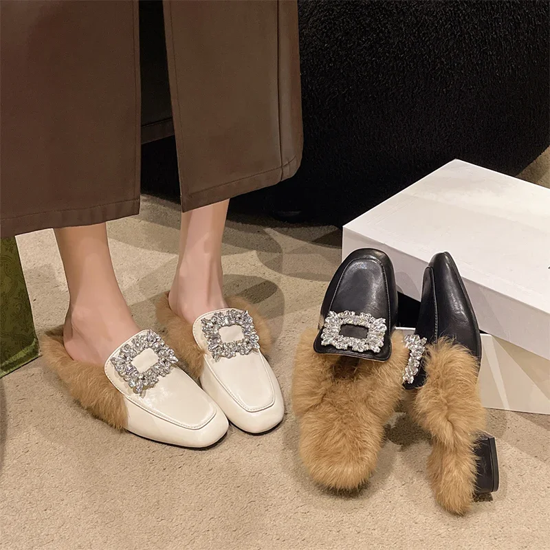 Fur Warm Mules Shoes Women Chunky Slippers Crystal Luxury Casual Flip Flops 2024 Fashion New Autumn Plush Walking Zapatos Mujer