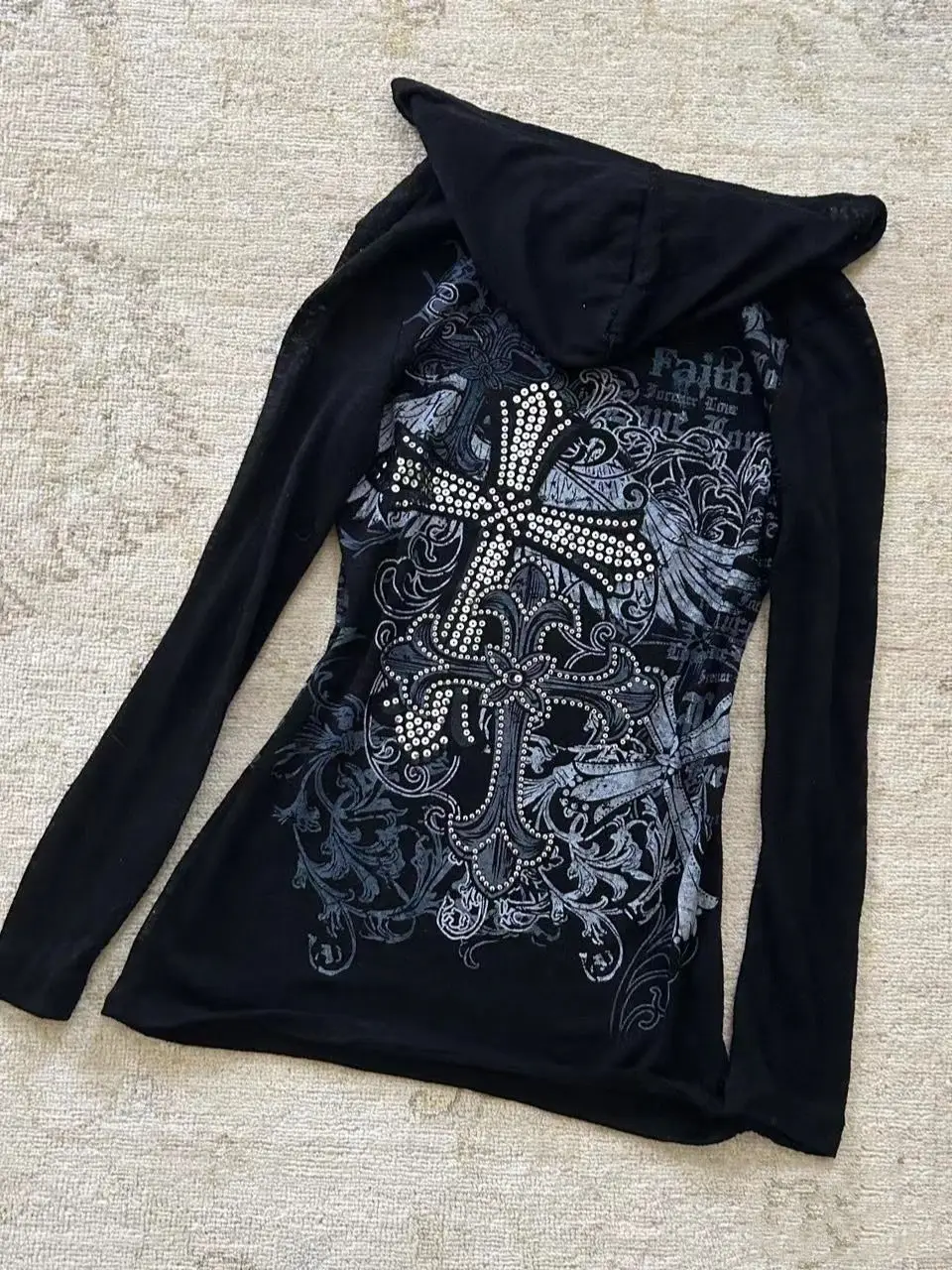 American Vintage Subculture Punk Cross Hooded Pullover Spring Spice Girls Slim Waist Long Sleeved T-shirt Gothic Trendy Hoodie