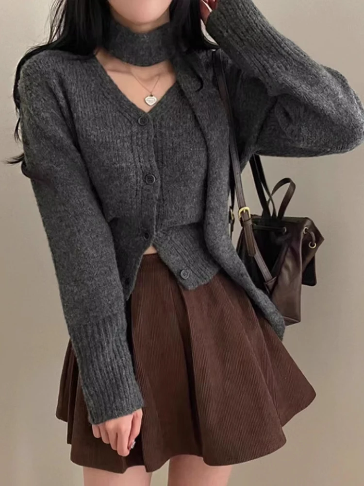 

Ladies' Lazy Knitted Sweater Coat ort Sle Vintage Long Sve V-Ne Warmth Winter Faion Outerwear Top with Scarf Hanger