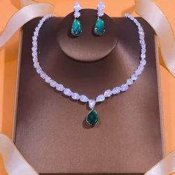 Stonefans Green Water Drop Necklace Earrings Sets Wedding Jewelry Luxury Accessories African Bridal Zircon Set Dress for Women