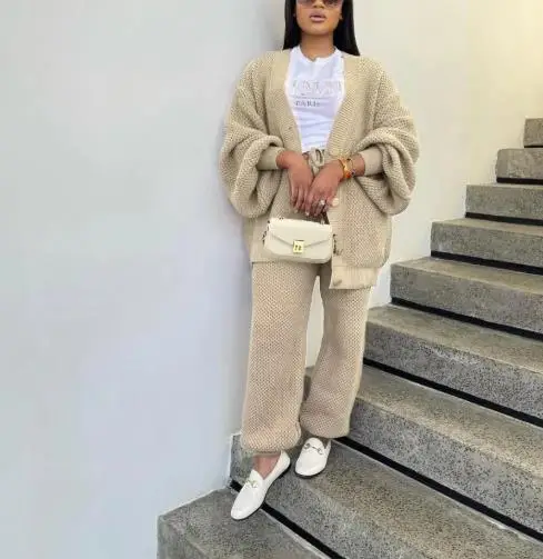 2025 Autumn/Winter New Women's Fashion Casual Loose V-neck Open Knitter Two Piece Set Women's Clothing