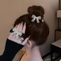 Fashion Imitation Pearl Rhinestone Bowknot Hair Rope Elegant Solid Color Bow Hair Ring Women Girls Ponytail Bun Hairband Gifts